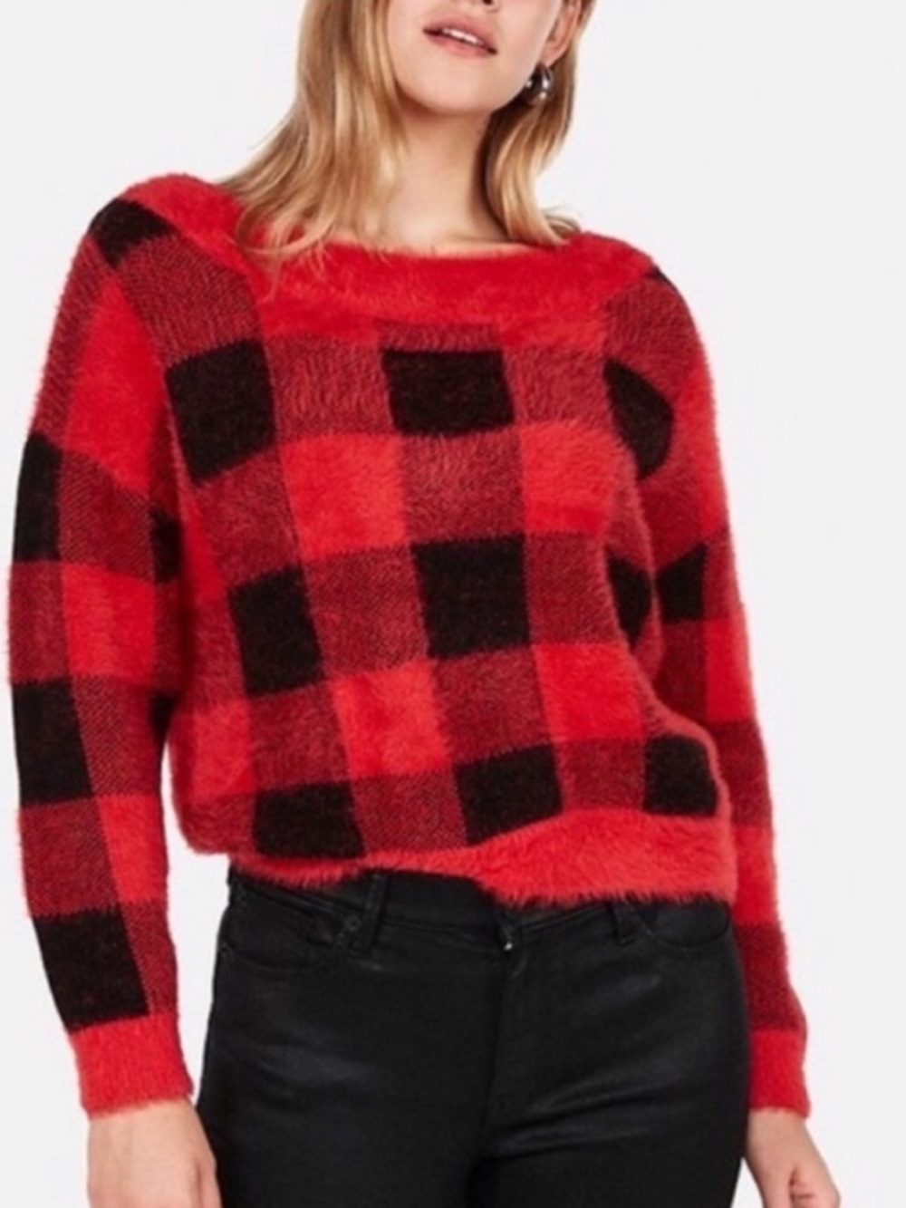 Express Red and Black Buffalo Plaid Sweater